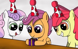 Size: 1600x1000 | Tagged: safe, artist:bosontar, apple bloom, scootaloo, sweetie belle, g4, birthday, cutie mark crusaders, hat, party hat, present