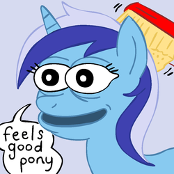 Size: 945x945 | Tagged: safe, artist:megasweet, minuette, pony, unicorn, g4, brush, brushie, crossing the memes, feels good man, feels good pony, meme, parody, pepe the frog, simple background, toothbrush