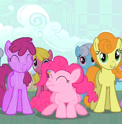 Size: 501x510 | Tagged: safe, screencap, berry punch, berryshine, carrot top, cherry berry, golden harvest, linky, pinkie pie, shoeshine, earth pony, pony, g4, season 2, the last roundup, ^^, animated, background pony, bouncing, eyes closed, female, gif, jumping, mare