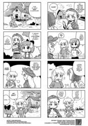 Size: 700x1000 | Tagged: safe, artist:shepherd0821, apple bloom, applejack, derpy hooves, rainbow dash, earth pony, anthro, g4, 4koma, ambiguous facial structure, breasts, busty applejack, cleavage, comic, derpy being derpy, emanata, female, i just don't know what went wrong, monochrome