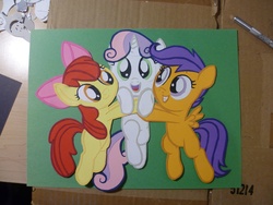 Size: 4000x3000 | Tagged: safe, artist:jackofmosttrades, apple bloom, scootaloo, sweetie belle, g4, cutie mark crusaders, high res, paper, photo, traditional art