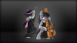 Size: 1920x1080 | Tagged: safe, artist:zedrin, octavia melody, earth pony, pony, g4, bipedal, cello, clothes, dress, duality, gun, jewelry, musical instrument, necklace, necktie, pearl necklace, tommy gun, wallpaper