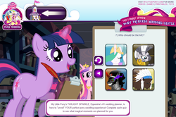 Size: 1014x675 | Tagged: safe, screencap, chief thunderhooves, king sombra, princess cadance, princess celestia, shining armor, twilight sparkle, zecora, alicorn, bison, buffalo, pony, unicorn, zebra, g4, official, season 3, clipboard, hasbro, library, my little pony logo, pony wedding, question, quill, quiz, royal wedding, unicorn twilight