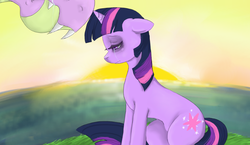 Size: 1065x616 | Tagged: safe, artist:colorlesscupcake, spike, twilight sparkle, g4, concave belly, crying, older, sad