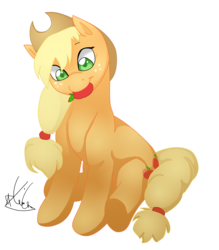 Size: 2800x3200 | Tagged: safe, artist:kiwi-heart, applejack, earth pony, pony, g4, female, high res, mouth hold, obligatory apple, simple background, sitting, solo