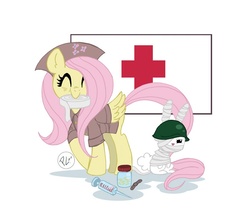 Size: 700x603 | Tagged: safe, artist:greenwiggly, angel bunny, fluttershy, g4, bandage, clothes, female, hat, helmet, mare, medical tools, nurse outfit, red cross, simple background, uniform, wings