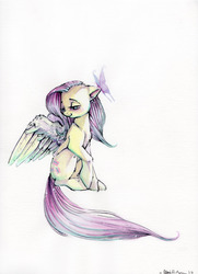 Size: 2538x3498 | Tagged: safe, artist:busoni, fluttershy, butterfly, pony, g4, female, high res, solo, traditional art