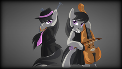 Size: 1920x1080 | Tagged: safe, artist:zedrin, octavia melody, earth pony, pony, g4, bipedal, cello, clothes, dress, gun, jewelry, musical instrument, necklace, necktie, pearl necklace, tommy gun