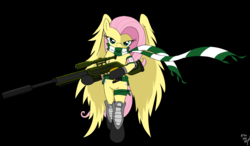 Size: 2888x1683 | Tagged: safe, artist:amostheartman, fluttershy, pegasus, pony, semi-anthro, g4, black background, clothes, female, gun, hooves, looking at you, mare, optical sight, rifle, scarf, signature, simple background, sniper, sniper rifle, snipershy, solo, weapon, wings