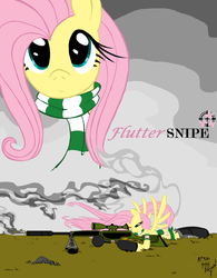 Size: 2200x2823 | Tagged: safe, artist:amostheartman, fluttershy, pegasus, pony, g4, clothes, female, gun, high res, hooves, lying down, mare, optical sight, rifle, rock, scarf, signature, smoke, sniper, sniper rifle, snipershy, solo, spread wings, text, weapon, wings