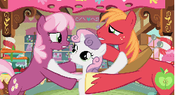 Size: 731x400 | Tagged: safe, screencap, big macintosh, cheerilee, sweetie belle, earth pony, pony, unicorn, g4, hearts and hooves day (episode), season 2, animated, bipedal, eye contact, female, frown, gritted teeth, hearts and hooves day, hoofy-kicks, loop, male, mare, sad, ship:cheerimac, shipping, smiling, stallion, straight, sugarcube corner, talking