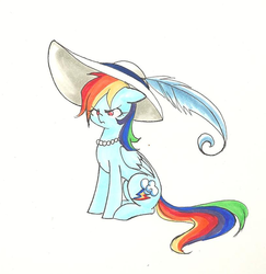 Size: 819x841 | Tagged: safe, artist:valkyrie-girl, rainbow dash, pegasus, pony, g4, angry, big hat, clothes, dressup, feather, fibonacci get, folded wings, hat, jewelry, necklace, pearl necklace, rainbow dash always dresses in style, simple background, sitting, white background, wings