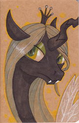 Size: 1059x1647 | Tagged: safe, artist:sabrekitty, queen chrysalis, changeling, changeling queen, g4, bust, crown, fangs, female, jewelry, looking at you, portrait, regalia, solo, traditional art, wings