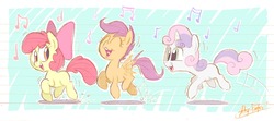 Size: 1558x694 | Tagged: safe, artist:artsy-fartsie, apple bloom, scootaloo, sweetie belle, earth pony, pegasus, pony, unicorn, g4, abstract background, cute, cutie mark crusaders, eyes closed, female, filly, flapping, flapping wings, foal, music notes, open mouth, signature, singing, wings