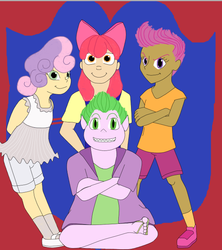Size: 583x658 | Tagged: safe, artist:ac-drawings, artist:mousathe14, apple bloom, scootaloo, spike, sweetie belle, g4, cutie mark crusaders, humanized