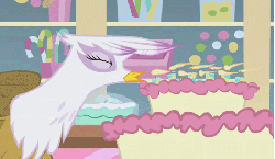 Size: 483x281 | Tagged: safe, screencap, gilda, griffon, g4, griffon the brush off, season 1, animated, birthday cake, cake, candle, cute, female, food, gilda is amused, gildadorable, perfect loop, smiling, solo, trick candles, tried, when she smiles