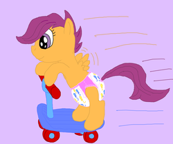 Size: 1893x1585 | Tagged: safe, artist:hooligan, scootaloo, pegasus, pony, g4, crinkleloo, diaper, diapered, diaperloo, female, filly, foal, non-baby in diaper, pullup (diaper), scooter, solo