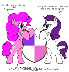 Size: 1000x1054 | Tagged: safe, artist:matt406, pinkie pie, rarity, earth pony, pony, unicorn, g4, coat of arms, duo, female, heraldry, mare, shield, simple background, speech bubble, supporters, white background