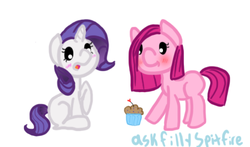 Size: 428x252 | Tagged: safe, artist:martymurray, pinkie pie, rarity, g4, blushing, cupcake, filly