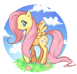 Size: 639x617 | Tagged: safe, artist:azamono, artist:kyorokyoro, fluttershy, pegasus, pony, g4, blushing, cloud, cute, female, grass, looking at you, mare, profile, raised hoof, shyabetes, sky background, solo, spread wings, wings