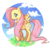 Size: 639x617 | Tagged: safe, artist:azamono, artist:kyorokyoro, fluttershy, pegasus, pony, g4, blushing, cloud, cute, female, grass, looking at you, mare, profile, raised hoof, shyabetes, sky background, solo, spread wings, wings