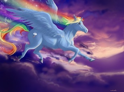 Size: 2551x1899 | Tagged: safe, artist:sparkly-monster, rainbow dash, pony, g4, cloud, cloudy, female, flying, realistic, solo, trail