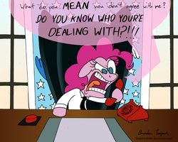 Size: 900x720 | Tagged: safe, artist:sketchinetch, pinkie pie, earth pony, pony, g4, big red button, dialogue, female, parody, phone, ren and stimpy, solo, stimpy's fan club