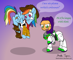 Size: 900x743 | Tagged: safe, artist:sketchinetch, applejack, rainbow dash, earth pony, pegasus, pony, g4, buzz lightyear, clothes, costume, dialogue, duo, duo female, female, gradient background, male, mare, parody, rainbow dash always dresses in style, role reversal, toy story, woody