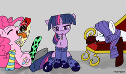 Size: 1295x768 | Tagged: safe, artist:thattagen, pinkie pie, rarity, twilight sparkle, pony, g4, chest fluff, clothes, couch, fainting couch, pocky, socks, sockypockytwi, striped socks