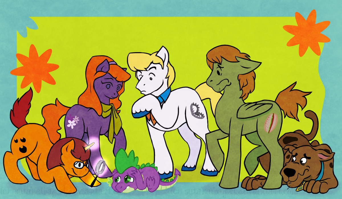 75170 - safe, artist:justasuta, spike, earth pony, pegasus, pony, unicorn,  g4, crossover, daphne blake, female, fred jones, magnifying glass, male,  mare, ponified, raised hoof, scooby-doo, scooby-doo!, shaggy rogers,  stallion, velma dinkley -