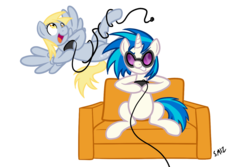 Size: 1500x1000 | Tagged: safe, artist:serenamidori, derpy hooves, dj pon-3, vinyl scratch, pegasus, pony, unicorn, g4, controller, duo, duo female, female, mare, simple background, transparent background, video game