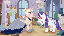 Size: 1920x1080 | Tagged: safe, artist:hollowzero, apple bloom, rarity, scootaloo, sweetie belle, oc, oc:pearly gates, alicorn, pony, g4, alicorn oc, bishonen, clothes, crossdressing, cutie mark crusaders, dress, glasses, makeover, makeup, rarity's glasses