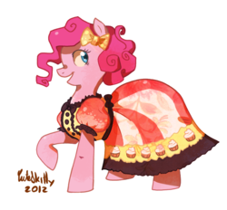 Size: 734x682 | Tagged: safe, artist:cuteskitty, pinkie pie, earth pony, pony, g4, clothes, dress, female, gala dress, puffy sleeves, raised hoof, simple background, solo, transparent background