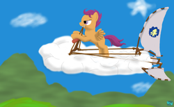 Size: 650x400 | Tagged: safe, artist:quint-t-w, scootaloo, pony, g4, clever, cloud vehicle, female, sail, scootaloo can't fly, solo