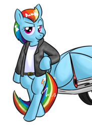 Size: 1014x1387 | Tagged: safe, artist:zanezandell, rainbow dash, pegasus, pony, g4, 50's fashion, 50s, belt, bipedal, car, clothes, female, greaser, jacket, leaning, leather jacket, mare, shirt, simple background, solo, standing up, transparent background