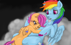 Size: 971x617 | Tagged: safe, artist:colorlesscupcake, rainbow dash, scootaloo, pony, g4, bandaid, duo, implied abuse, scootabuse