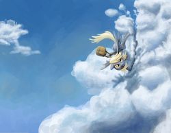 Size: 2100x1627 | Tagged: safe, artist:tidensbarn, derpy hooves, pegasus, pony, g4, bag, cloud, cloudy, female, flying, mare, sky, smiling, solo