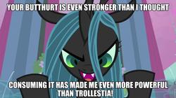Size: 960x539 | Tagged: safe, queen chrysalis, changeling, changeling queen, g4, caption, duo, female, image macro, trollestia