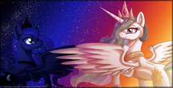 Size: 900x458 | Tagged: safe, artist:inuhoshi-to-darkpen, princess celestia, princess luna, alicorn, pony, g4, female, mare