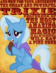 Size: 2550x3300 | Tagged: safe, artist:tygerbug, trixie, pony, unicorn, g4, female, high res, mare, pinecone, solo, text, trixie eating pinecones