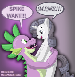 Size: 852x874 | Tagged: safe, artist:moominded, rarity, spike, g4, crossing the memes, discorded, discorded rarity, duo, evil grin, female, good end, greed spike, greedity, interspecies, male, meme, mine!, ship:sparity, shipping, smiling, sparigreed, spike want, straight