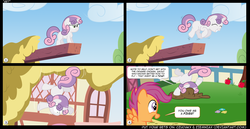 Size: 1900x983 | Tagged: safe, artist:epulson, scootaloo, sweetie belle, g4, comic, faceplant, falling, mud