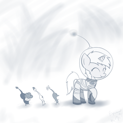 Size: 800x800 | Tagged: safe, artist:muffinsforever, dinky hooves, pikmin, pony, unicorn, g4, crossover, female, filly, grayscale, monochrome, muffin, pikmin (series), red pikmin, spacesuit
