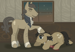 Size: 1500x1051 | Tagged: safe, artist:wolf gibbson, filthy rich, stinkin' rich, earth pony, pony, g4, clothes, duo, duo male, family, hoof on head, male, prone, relatives, smiling, stallion