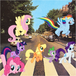 Size: 1116x1114 | Tagged: safe, artist:bronyman1995, applejack, fluttershy, pinkie pie, rainbow dash, rarity, spike, twilight sparkle, pony, g4, abbey road, hilarious in hindsight, irl, mane seven, mane six, photo, ponies in real life, the beatles