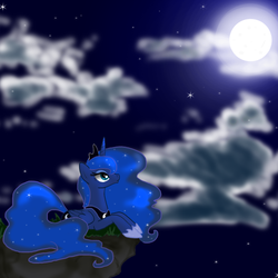 Size: 900x901 | Tagged: safe, artist:sugarcup, princess luna, pony, g4, cloud, cloudy, female, moon, night, prone, solo