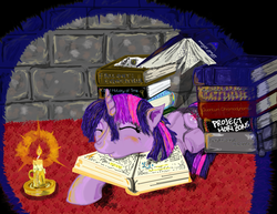 Size: 6600x5100 | Tagged: safe, artist:drewcopenhaver, twilight sparkle, pony, g4, absurd resolution, book, candle, female, reading, sleeping, solo