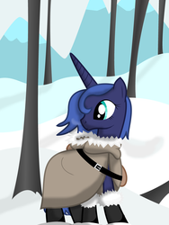 Size: 3000x4000 | Tagged: safe, artist:dazed-and-wandering, princess luna, pony, g4, clothes, female, s1 luna, snow, solo, tree