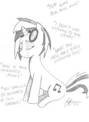 Size: 2550x3510 | Tagged: safe, artist:missmayaleanne, dj pon-3, vinyl scratch, g4, crying, disembodied thoughts, high res, monochrome, sad, traditional art