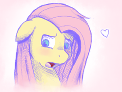 Size: 800x600 | Tagged: safe, artist:rosewhistle, fluttershy, pony, g4, blushing, bust, female, floppy ears, heart, looking away, looking down, mare, open mouth, portrait, shy, simple background, solo, three quarter view, white background
